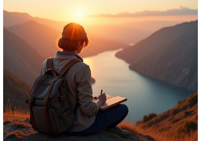 A traveler pens notes in a leather-bound journal overlooking a serene mountain lake at sunrise, embodying personal journey reflection.