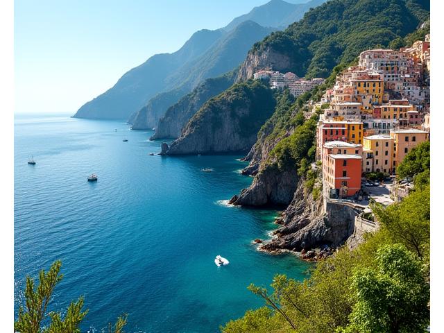 View of the Amalfi Coast with colorful houses cascading down cliffs to the turquoise sea, Italy