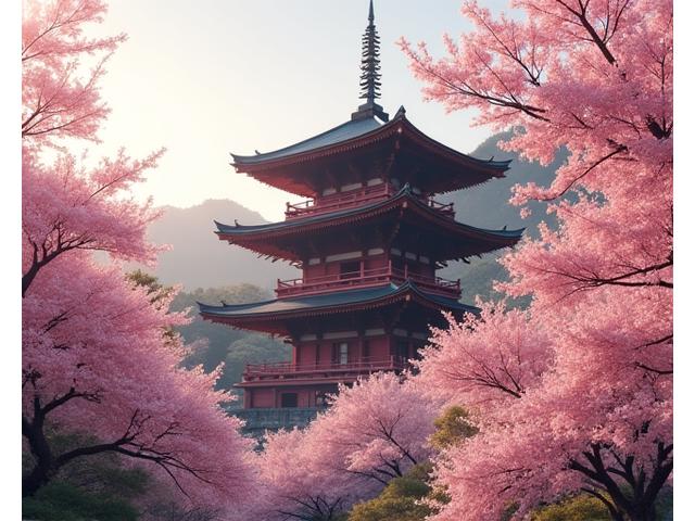 Traditional Kiyomizu-dera temple in Kyoto with cherry blossom trees in bloom, Japan