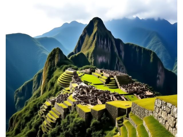 Ancient Inca city of Machu Picchu nestled among lush green mountains under a cloudy sky, Peru