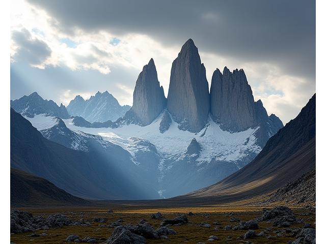 Dramatic peaks of Torres del Paine in Patagonia under a wild, rugged sky, Chile