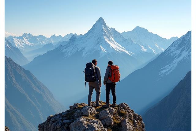 Two hikers on a mountain peak looking at a stunning view