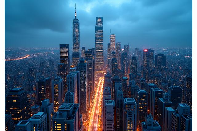 Modern city skyline at dusk with business buildings